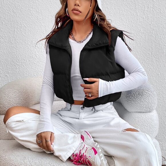 Jackets & Blazers - Black Casual Women's Zipper Front Vest Padded Coat